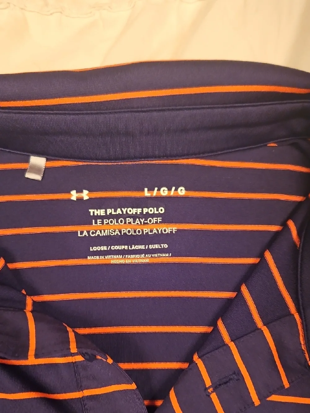 Under Armour Men's Navy Polo with Coral Stripes Lg - Picture 2 of 3